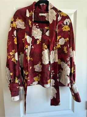Alice + Olivia Burgundy Floral Top with Cream & Yellow Accents